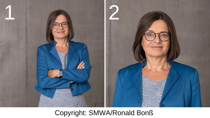 Zum Herunterladen haben wir 2 Pressebilder der Staatssekretärin. Eines links mit der 1 (sie lächelt und ein größerer Ausschnitt) udn eins rechts (kleinerer Ausschnitt) mit der 2
