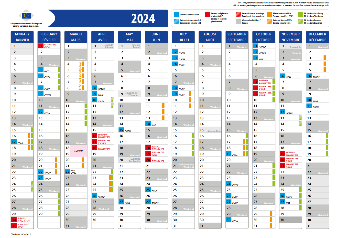 Kalender von 2024 mit den Terminen des Ausschuss der Regionen