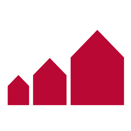 das Logo von Bauen und Wohnen in Sachsen - 3 rote Häuser nebeneinander von der Größe her aufsteigend