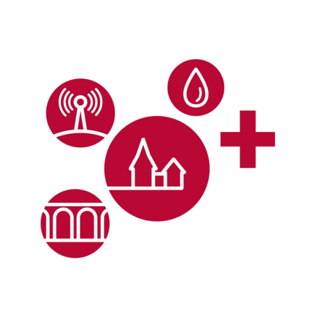 Zu sehen ist das simul⁺ Logo. Bestehend aus roten Kreisen mit Inhalten wie FUnkturm, Häuser, Tropen und einem Plus.