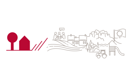 Logo des ländlichen Raum plus die Darstellung von Elementen: Menschen, Traktor, EU Flagge, Spielplatz, Dorf