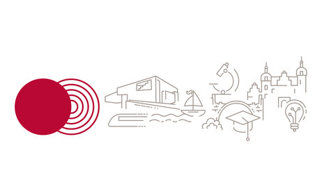 Logo der Strukturentwicklung und schemenhafte Darstellung von Elementen, zum Beispiel ein Boot, Museum, Mikroskop, Glühbirne, Bad Muskau