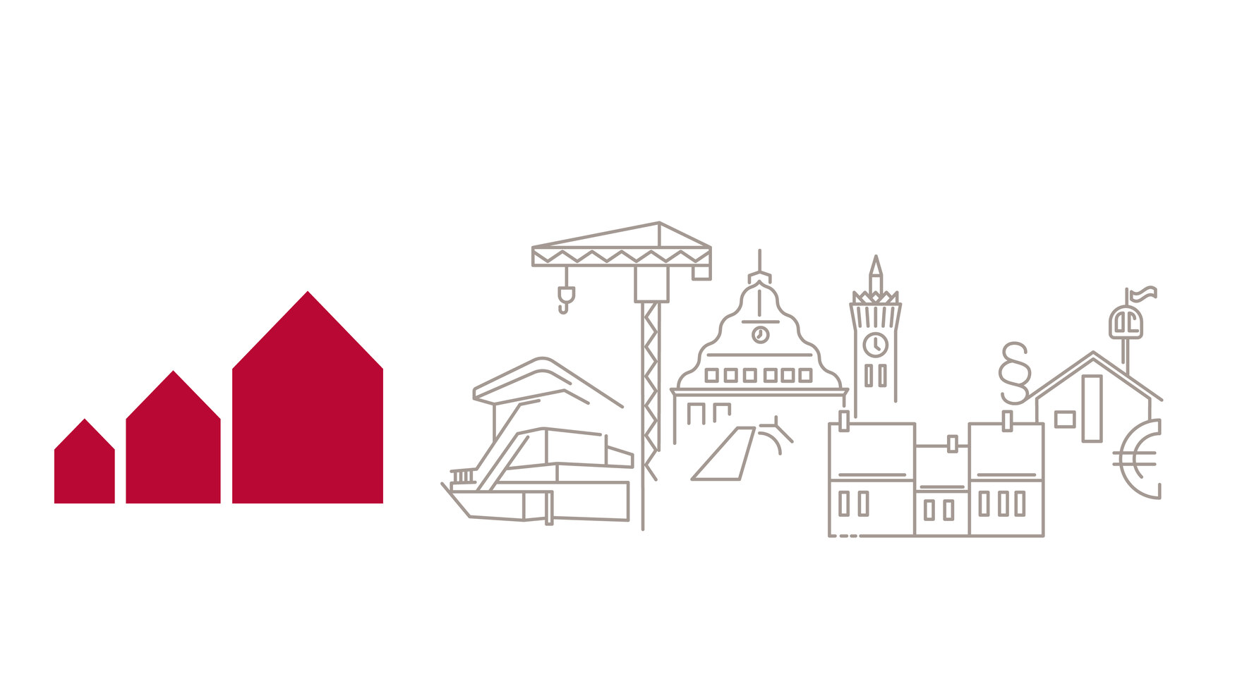 das Logo von Bauen und Wohnen in Sachsen - 3 rote Häuser nebeneinander von der Größe her aufsteigend.