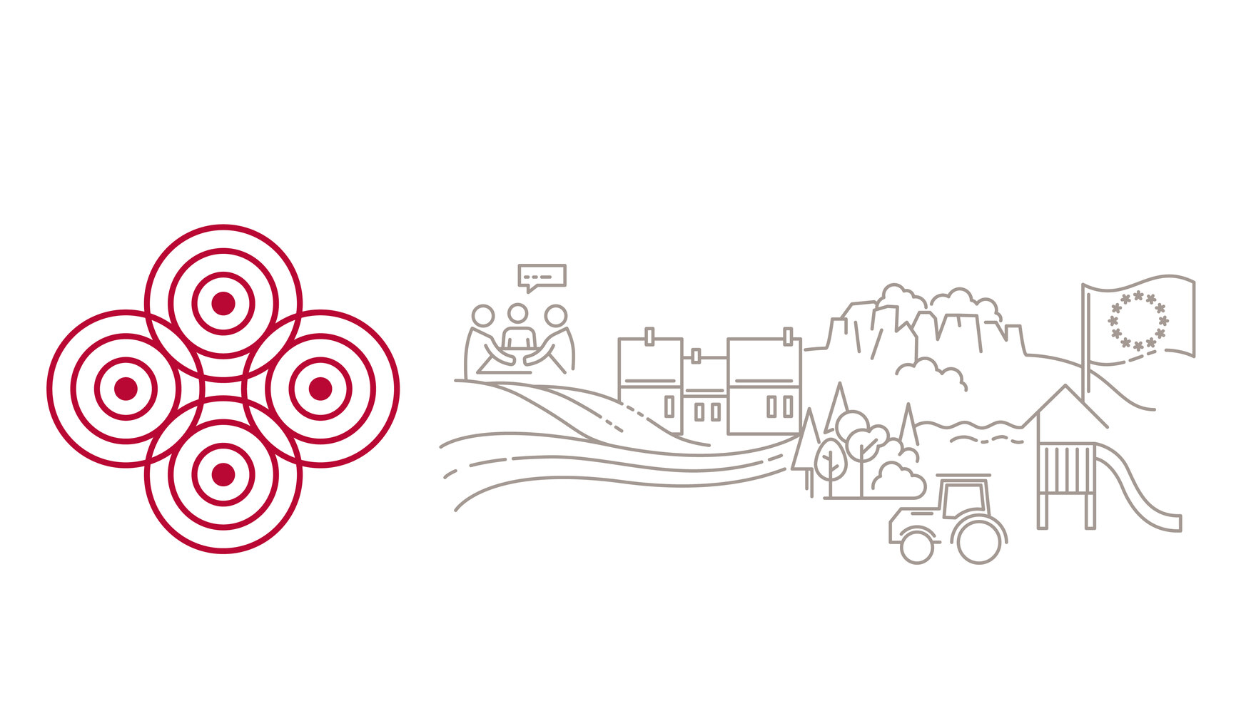 zu sehen ist das Logo des ländlichen Raums in Sachsen: Vier konzentrische Kreise. Daneben Elemente des ländlichen Raums aus der Natur und Dörfern.