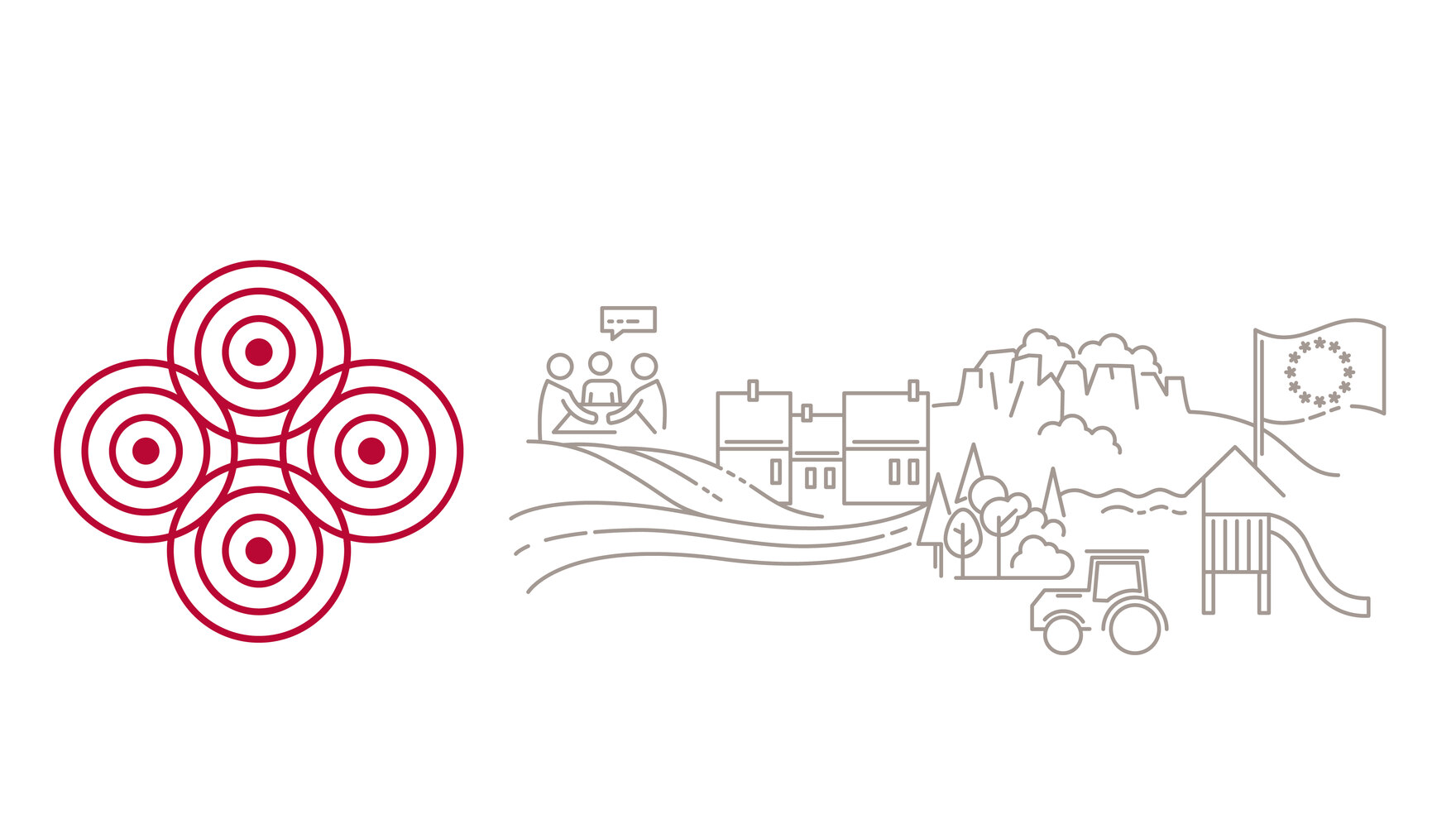 zu sehen ist das Logo des ländlichen Raums in Sachsen: Vier konzentrische Kreise. Daneben Elemente des ländlichen Raums aus der Natur und Dörfern.